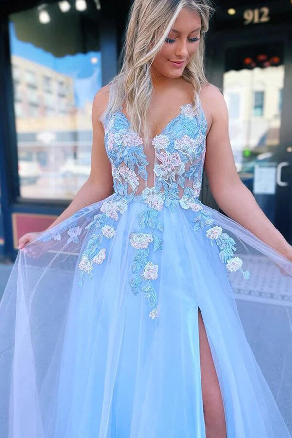 Blue Tulle A-line V-neck Lace Flowers Long Prom Dresses, Evening Dress, MP720