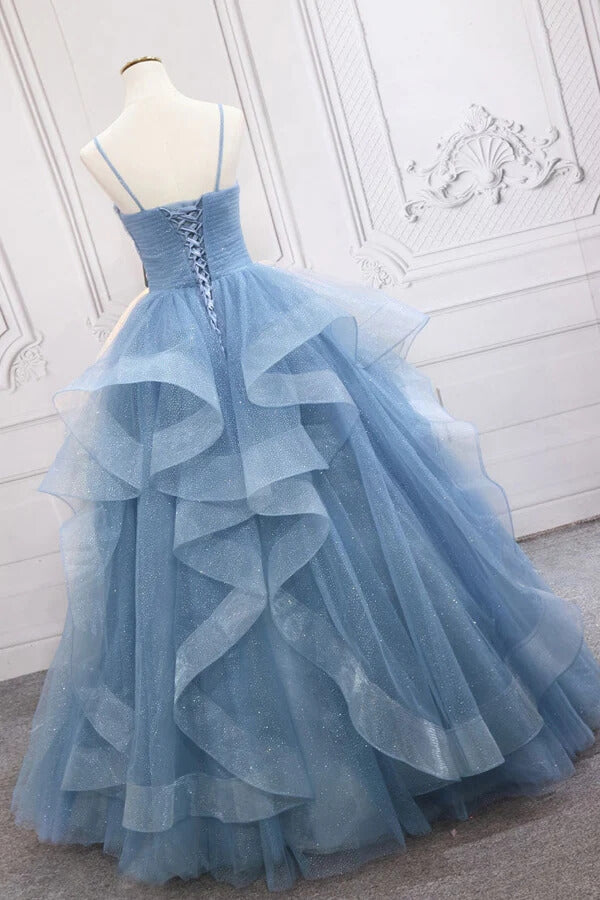 Blue Tulle Prom Light Blue Cinderella Prom Dresses Off The Shoulder Tulle  A-Line Prom Dress