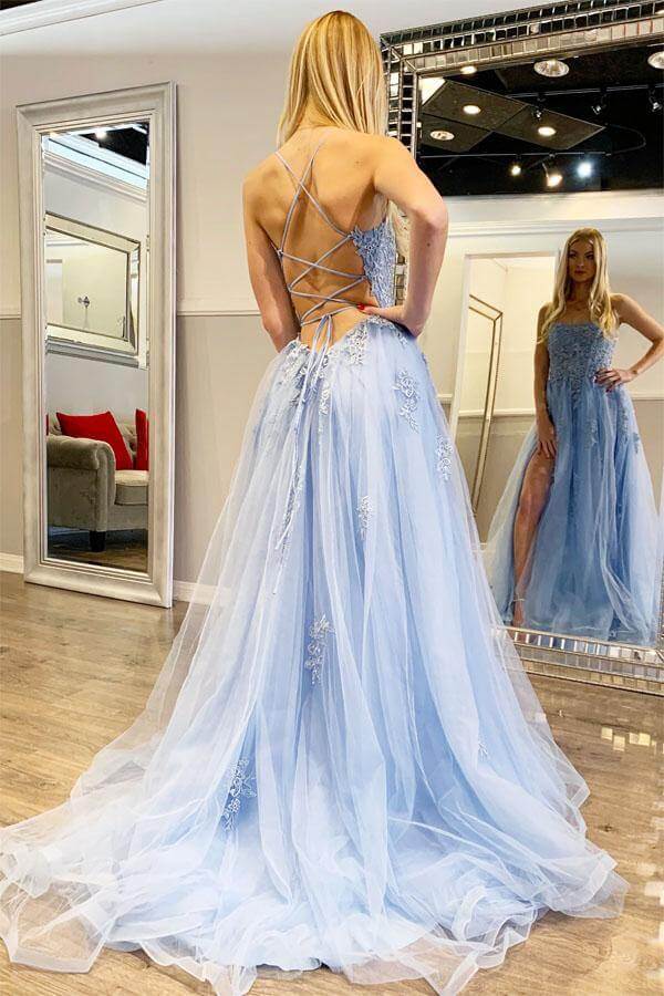 Blue Tulle Lace Appliques Spaghetti Straps Long Prom Dresses With Slit, MP659 | cheap long prom dresses | party dresses | vintage prom dress | www.musebridals.com