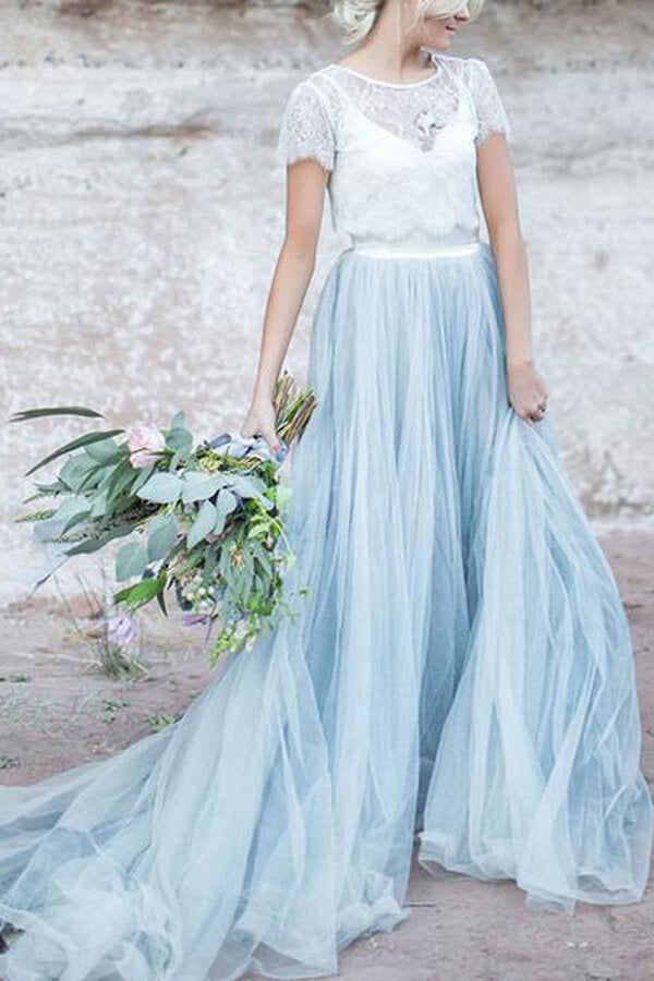 Blue Tulle Lace A-line Short Sleeves Wedding Dress MW628 | Musebridals Blue Tulle Lace A-line Short Sleeves Wedding Dress MW628 | Musebridals