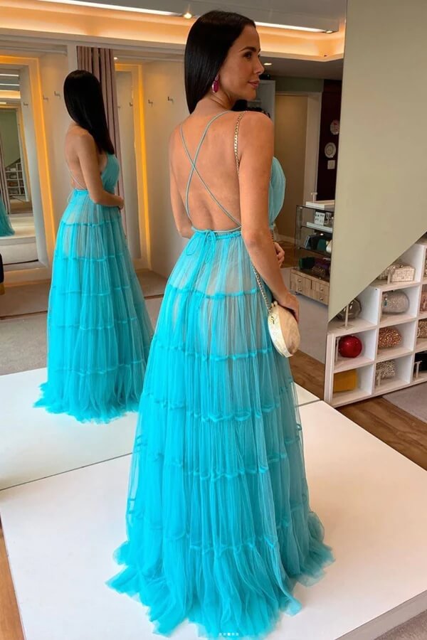 Blue Tulle Tiered A-line V-neck Long Prom Dresses MP724