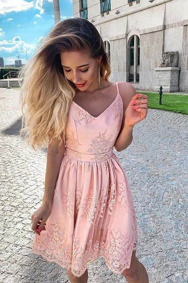 Pink A-line Spaghetti Straps Homecoming Dresses MH561