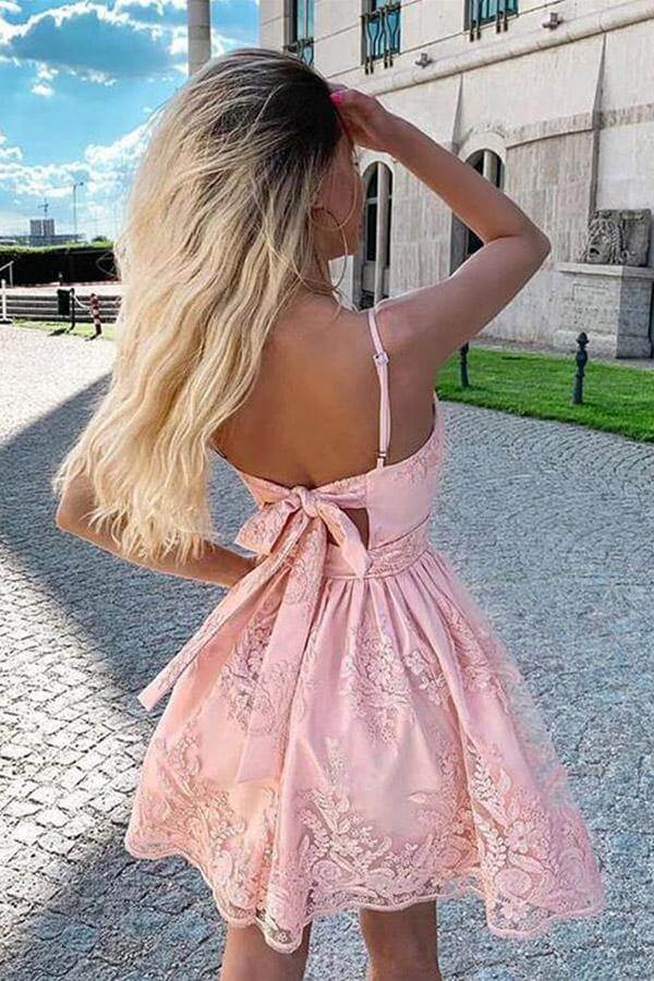 Blush Pink A-line Spaghetti Straps Homecoming Dresses With Lace Appliques,  MH561