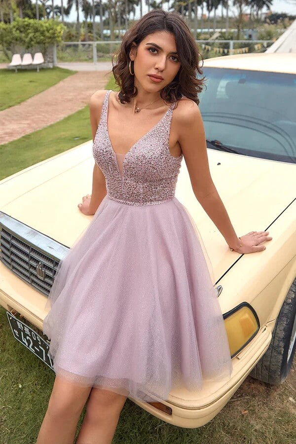 Blush Pink A-line V-neck Open Back Sequins Short Homecoming Dresses, MH544 Blush Pink A-line V-neck Open Back Sequins Short Homecoming Dresses, MH544