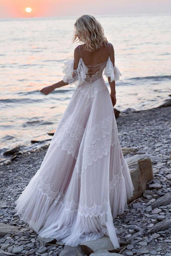 Bohemian Lace Off Shoulder Beach Wedding Dresses MW687