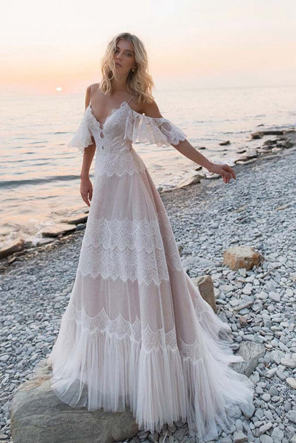 Bohemian Tulle Lace Off-the-Shoulder Beach Wedding Dresses, Bridal Gown, MW687