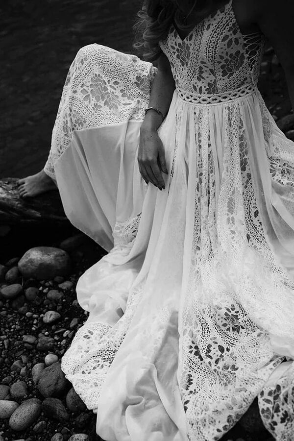 Bohemian A-line V-neck Lace Beach Wedding Dresses, MW801 | Musebridals Bohemian A-line V-neck Lace Beach Wedding Dresses, MW801 | Musebridals