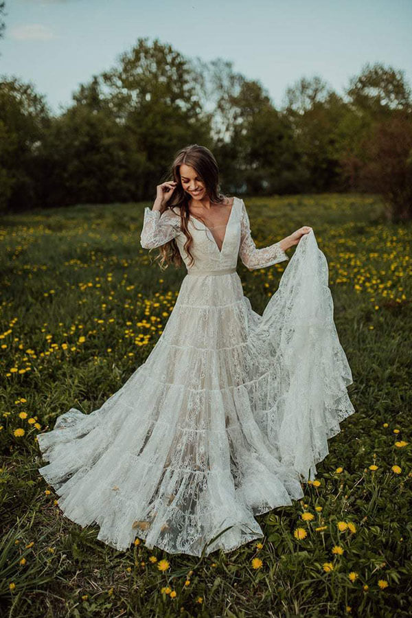 Bohemian Lace A-line V-neck Long Sleeves Wedding Dresses, Bridal Dress, MW608 Bohemian Lace A-line V-neck Long Sleeves Wedding Dresses, Bridal Dress, MW608