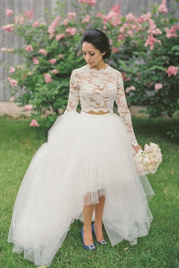 Bohemian Lace Top Two Pieces Long Sleeves High Low Wedding Dresses, MW571 Bohemian Lace Top Two Pieces Long Sleeves High Low Wedding Dresses, MW571