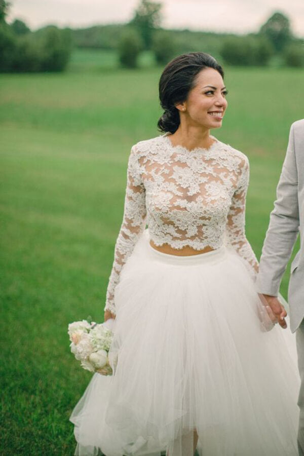 Bohemian Lace Top Two Pieces Long Sleeves High Low Wedding Dresses, MW571 Bohemian Lace Top Two Pieces Long Sleeves High Low Wedding Dresses, MW571