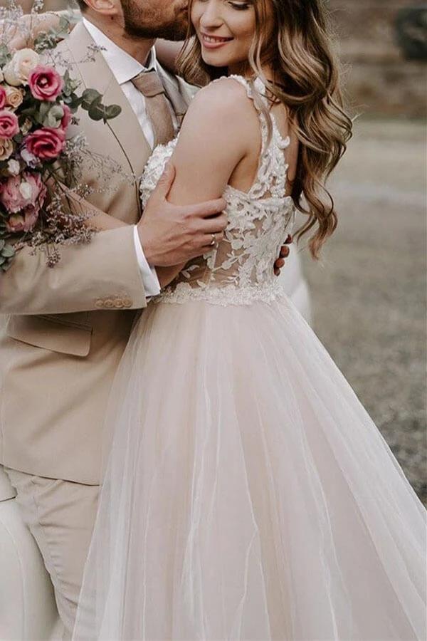 Bohemian Tulle Lace A-line Beach Wedding Dresses, MW561