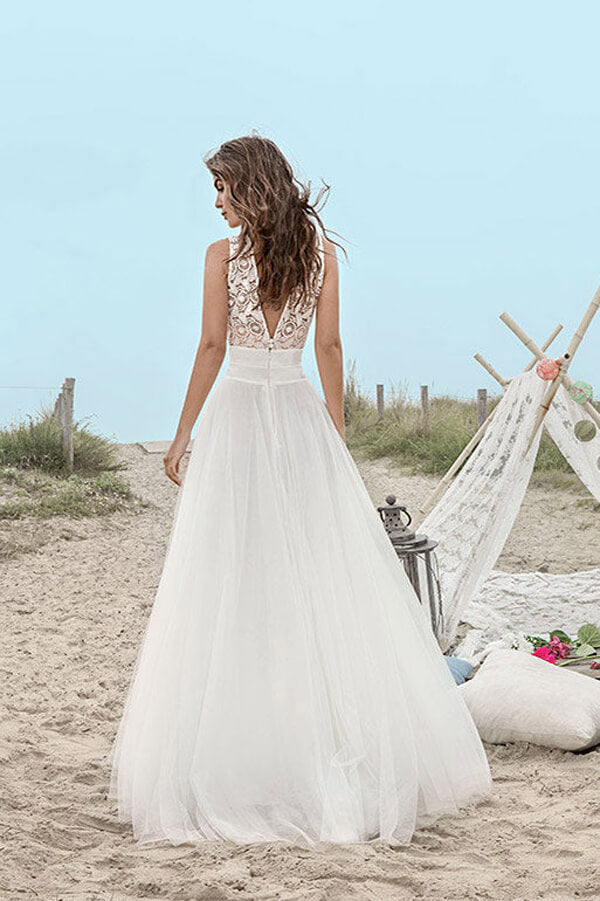 Tulle Lace Floor Length Beach Wedding Dresses, MW673