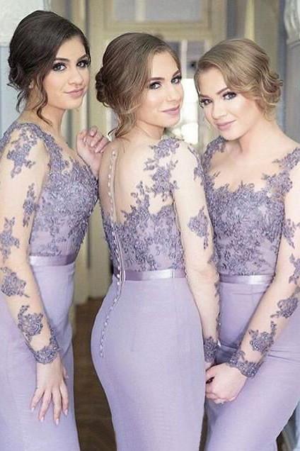 Lavender Lace Long Sleeves Bridesmaid Dress, Mermaid Wedding Party Dresses, MB135 Lavender Lace Long Sleeves Bridesmaid Dress, Mermaid Wedding Party Dresses, MB135