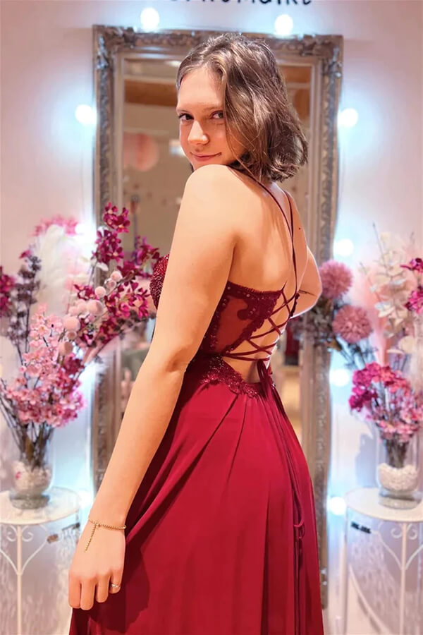 Burgundy A-line V-neck Lace Appliques Long Prom Dresses With Slit, MP807