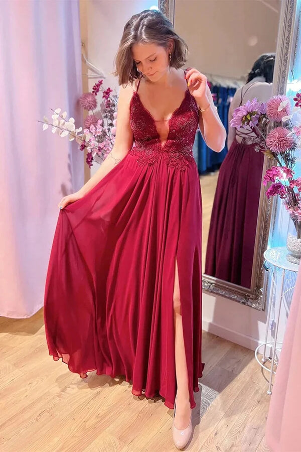 Burgundy A-line V-neck Lace Appliques Long Prom Dresses With Slit, MP807 | red prom dress | lace prom dress | evening dresses | musebridals.com