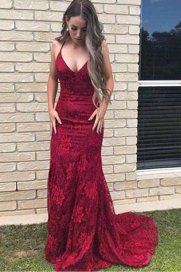 Burgundy Mermaid V-neck Lace Prom Dresses With Train, Party Dresses, MP799