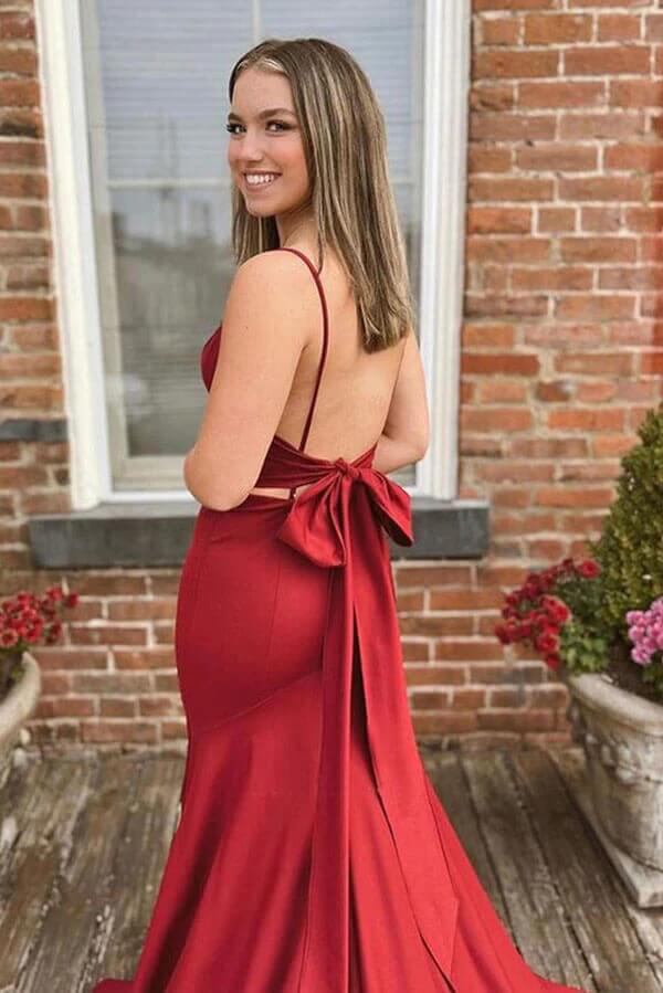 Burgundy Satin Mermaid V-neck Backless Prom Dresses, Evening Dress, MP749