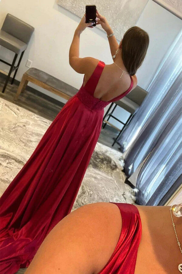 Burgundy Silk Satin A-line V-neck Prom Dresses with Slit, Party Dresses, MP805 Burgundy Silk Satin A-line V-neck Prom Dresses with Slit, Party Dresses, MP805
