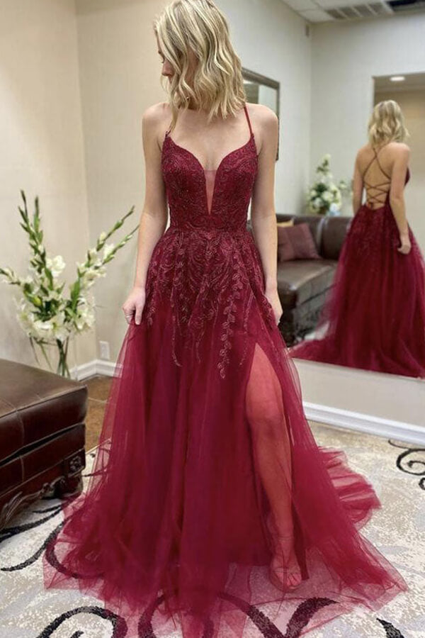 Burgundy Tulle A line Cross Back Prom Dresses With Thigh Slit Formal Dress MP649