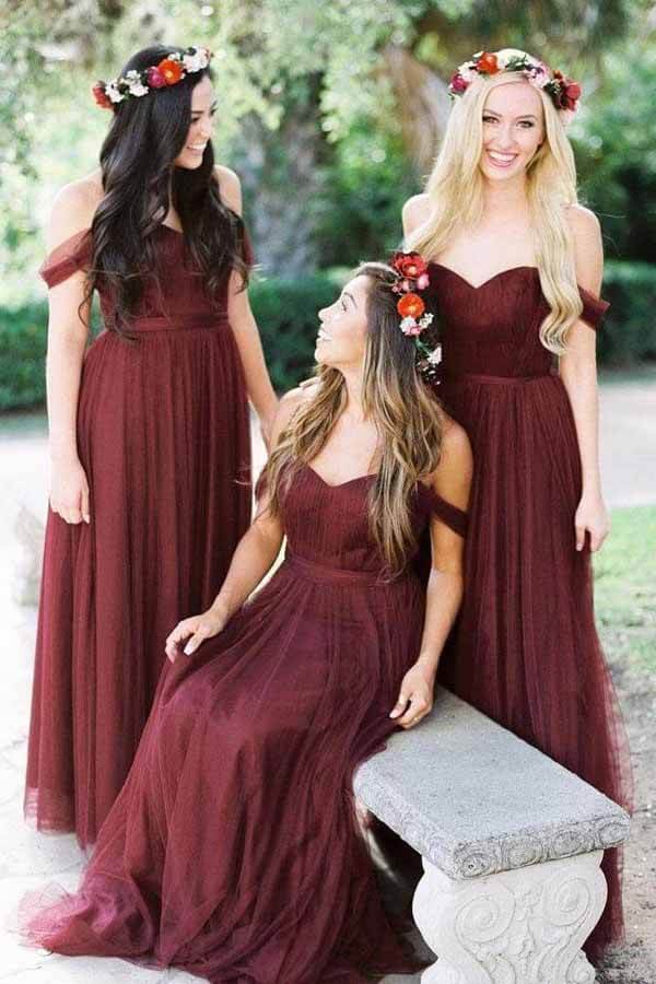 Burgundy Tulle Off-the-Shoulder Floor Length Bridesmaid Dresses, MBD156 Burgundy Tulle Off-the-Shoulder Floor Length Bridesmaid Dresses, MBD156