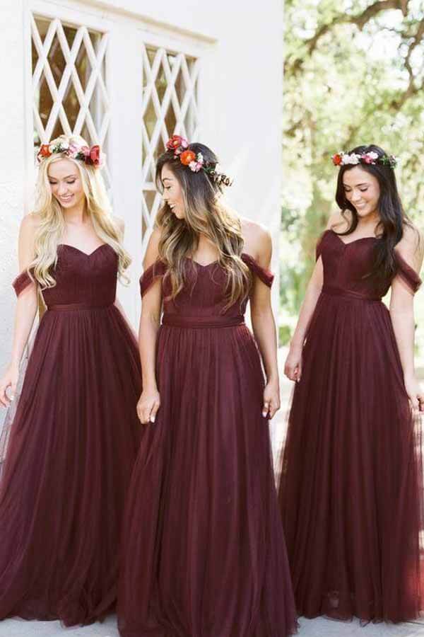Burgundy Tulle Off-the-Shoulder Floor Length Bridesmaid Dresses, MBD156 Burgundy Tulle Off-the-Shoulder Floor Length Bridesmaid Dresses, MBD156