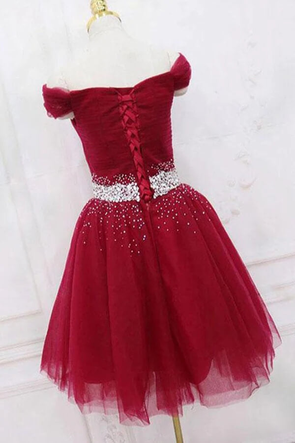 homecoming burgundy dress Burgundy Tulle Off-the-Shoulder Homecoming Dresses MH551