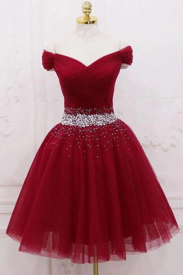 Burgundy Tulle Off-the-Shoulder Homecoming Dresses MH551 | Musebridals Burgundy Tulle Off-the-Shoulder Homecoming Dresses MH551 | Musebridals