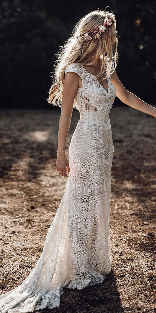 Cap Sleeve Sheath Boho Wedding Dresses Vintage Lace Rustic Wedding Dress MW314