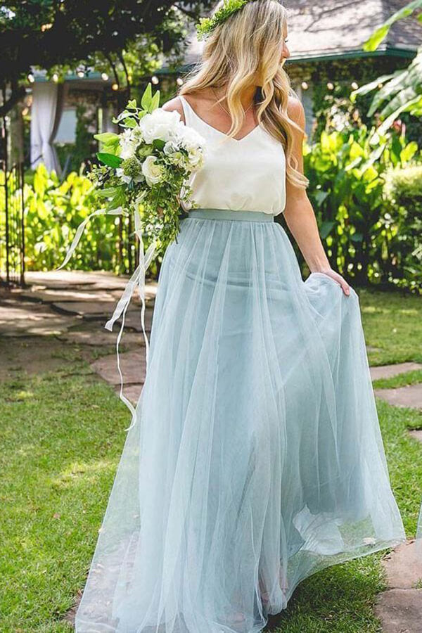 Tulle Two Pieces V-neck Long Bridesmaid Dresses, MBD147