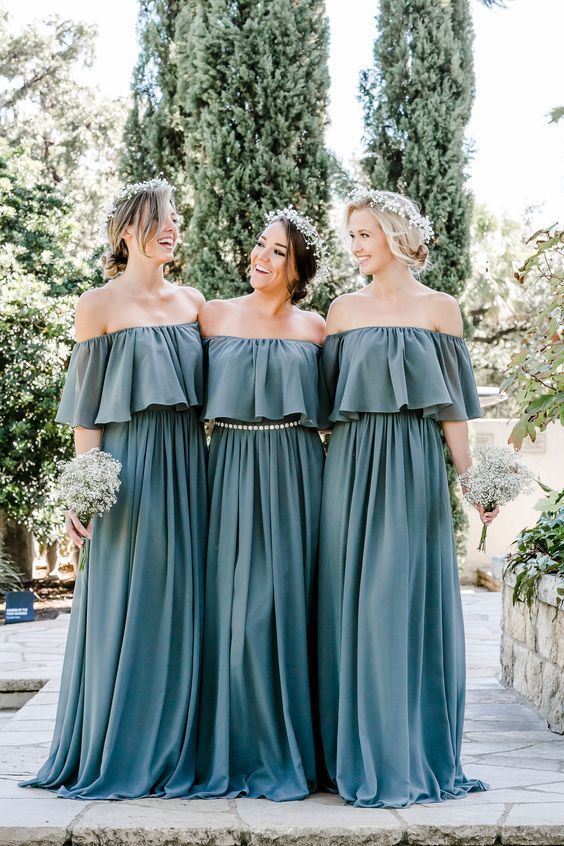 Cheap Long Chiffon Off the Shoulder Slate Mismatched Bridesmaid Dresses, MBD101 Cheap Long Chiffon Off the Shoulder Slate Mismatched Bridesmaid Dresses, MBD101