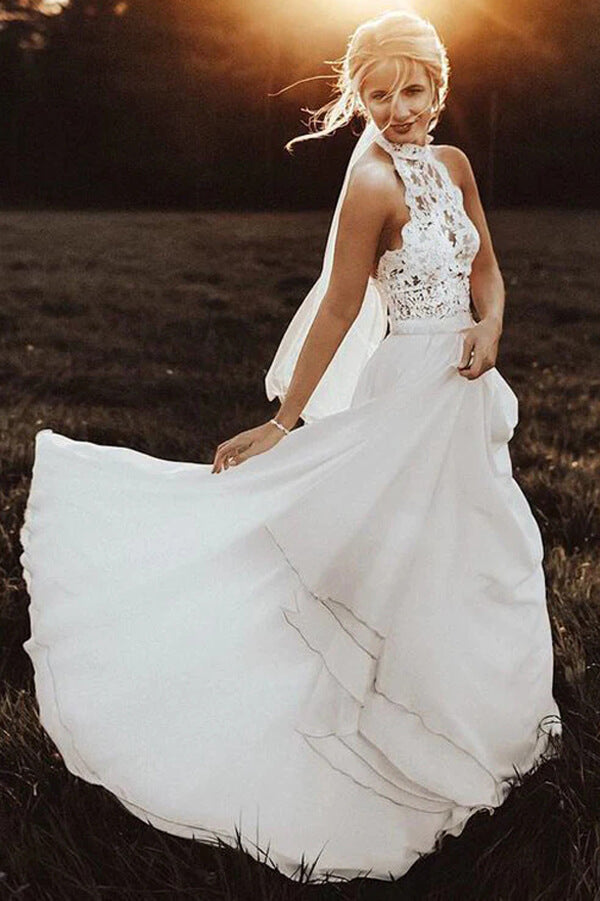 Chiffon A-Line Halter Sleeveless Long Beach Wedding Dress with Lace,MW336