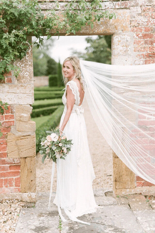 white christmas dresses White Chiffon A-line V-neck Beaded Wedding Dresses, Wedding Gowns, MW702