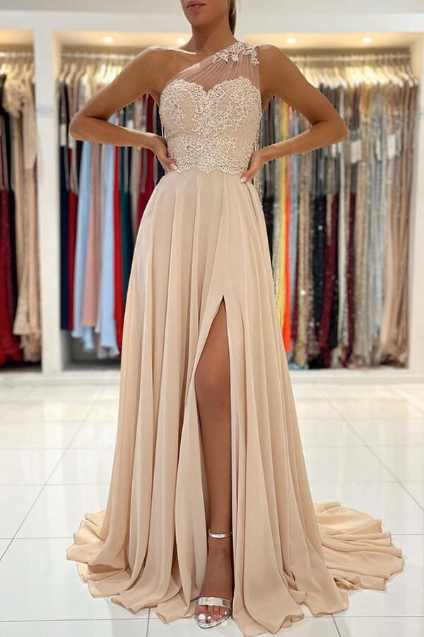 Chiffon A-line One Shoulder Lace Prom Dresses MP633