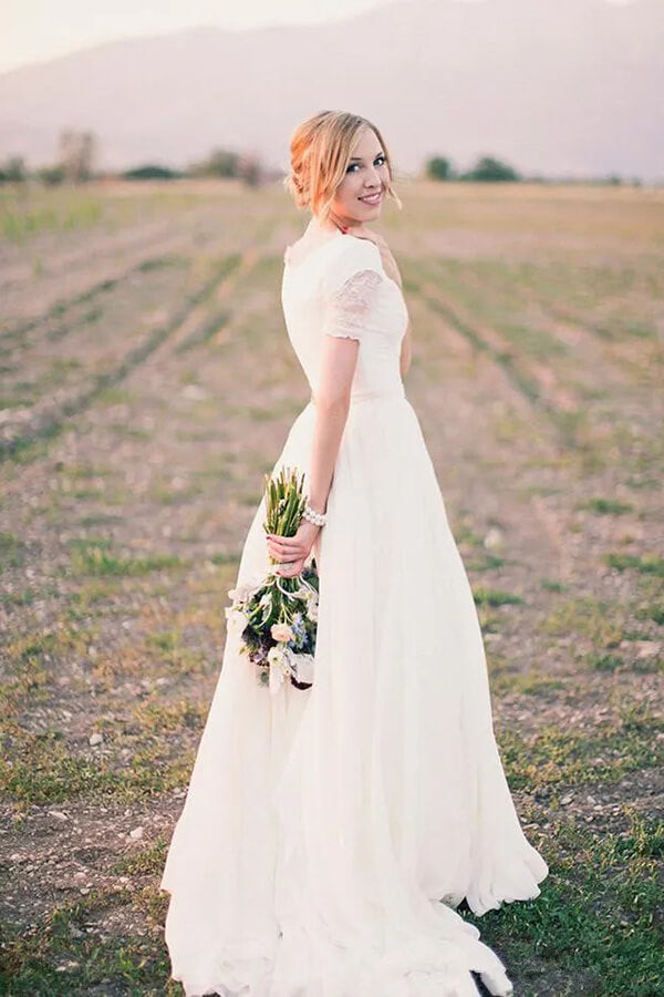 Chiffon A-line Short Sleeves Boho Wedding Dresses, Lace Wedding Gown, MW838