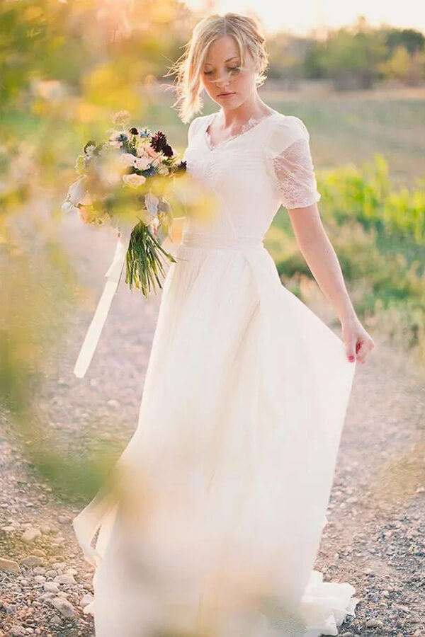 Chiffon A line Short Sleeves Boho Wedding Dresses Lace Wedding Gown MW838