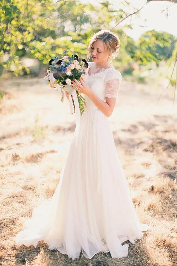 Chiffon A-line Short Sleeves Boho Wedding Dresses, Lace Wedding Gown, MW838 Chiffon A-line Short Sleeves Boho Wedding Dresses, Lace Wedding Gown, MW838