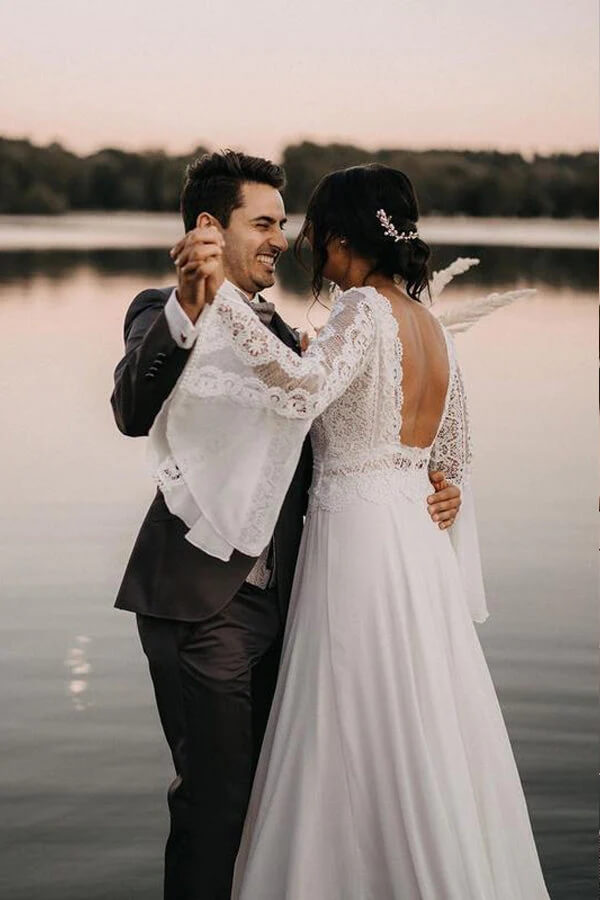 Chiffon A-line V-neck Backless Lace Wedding Dress, MW845
