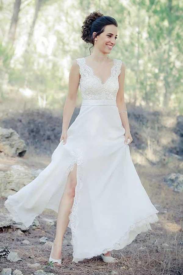 Lace A-line V-neck Beach Wedding Dress With Train MW737 | Musebridals