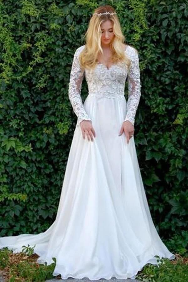 Chiffon A-line V-neck Long Sleeves Lace Appliques Wedding Dresses, MW843 Chiffon A-line V-neck Long Sleeves Lace Appliques Wedding Dresses, MW843