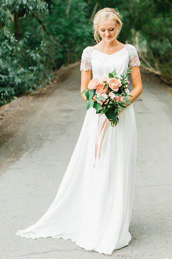 Chiffon A-line V-neck Short Sleeves Wedding Dresses With Beading, MW830