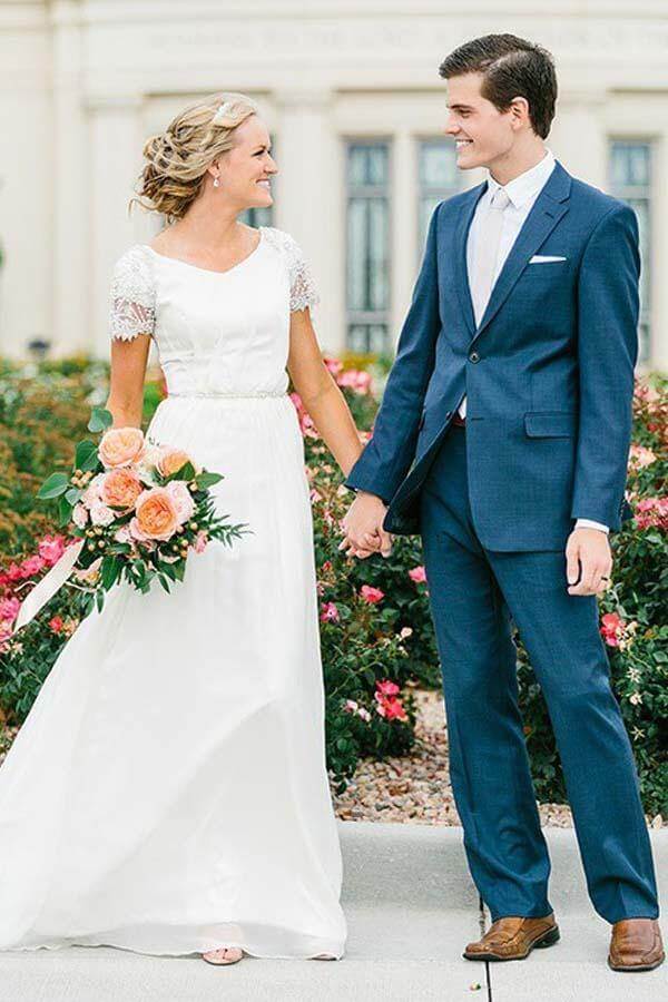 Chiffon A-line V-neck Short Sleeves Wedding Dresses With Beading, MW830 Chiffon A-line V-neck Short Sleeves Wedding Dresses With Beading, MW830