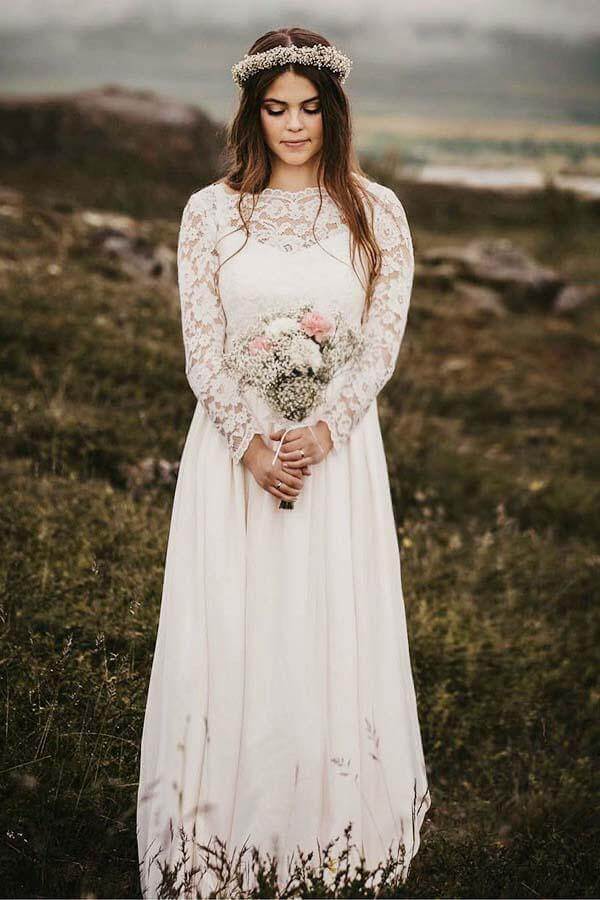 navy blue dress for baby girl DB Studio Long Billow Sleeve Chiffon A-Line Wedding Dress in Ivory | Size: 30W main image 1