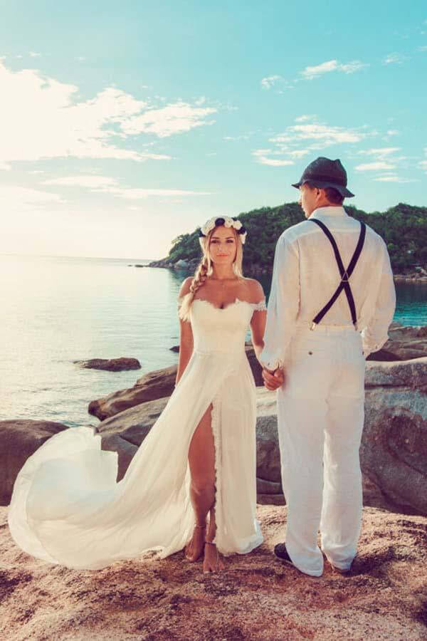 Chiffon Lace Off-the-Shoulder Beach Wedding Dress MW827