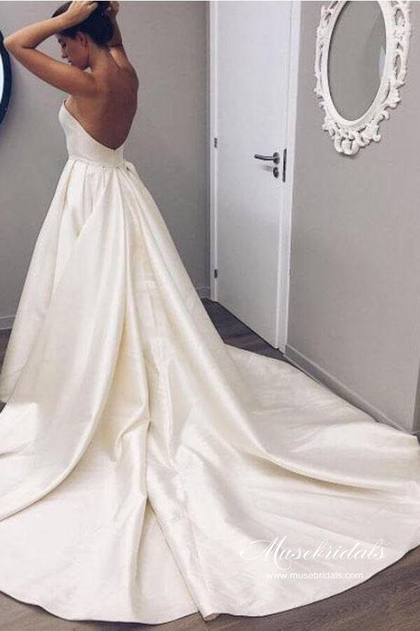 ivory satin strapless dress Satin Strapless Cathedral Train Wedding Dresses, MW612
