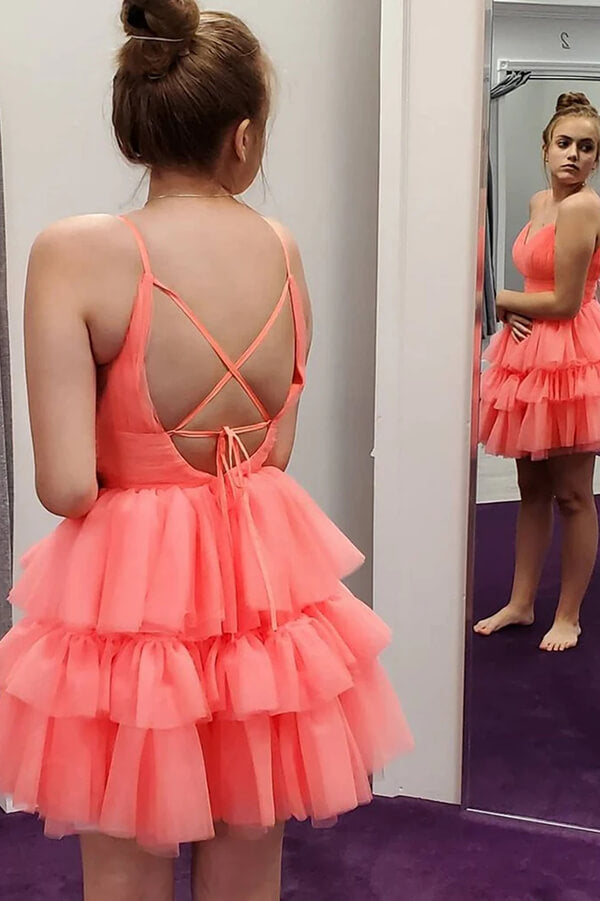 3/4 Sleeves Short Prom Dress Pink Homecoming Dress with Open Back,MH464