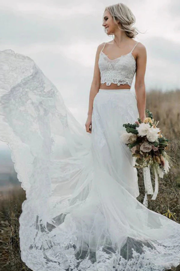 Crop Top Lace Two Piece Boho Wedding Dresses, MW509 |