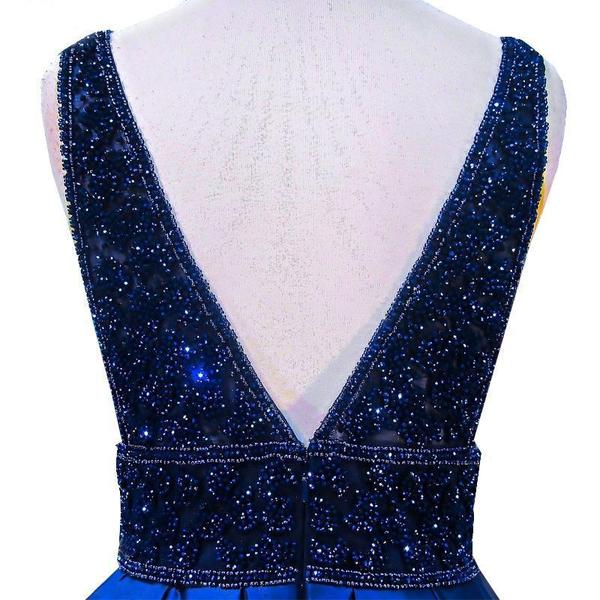 Cute Dark Blue Satin V neck Homecoming Dresses Chic Short Prom Dress, MH195