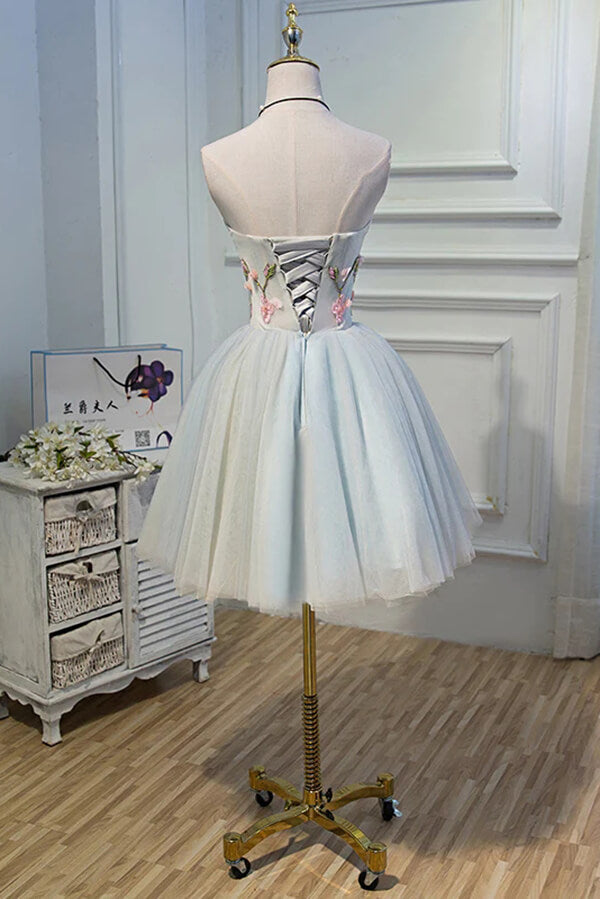 Cute Gray Tulle A-line Sweetheart Short Homecoming Dresses With Flowers, MH543 Cute Gray Tulle A-line Sweetheart Short Homecoming Dresses With Flowers, MH543