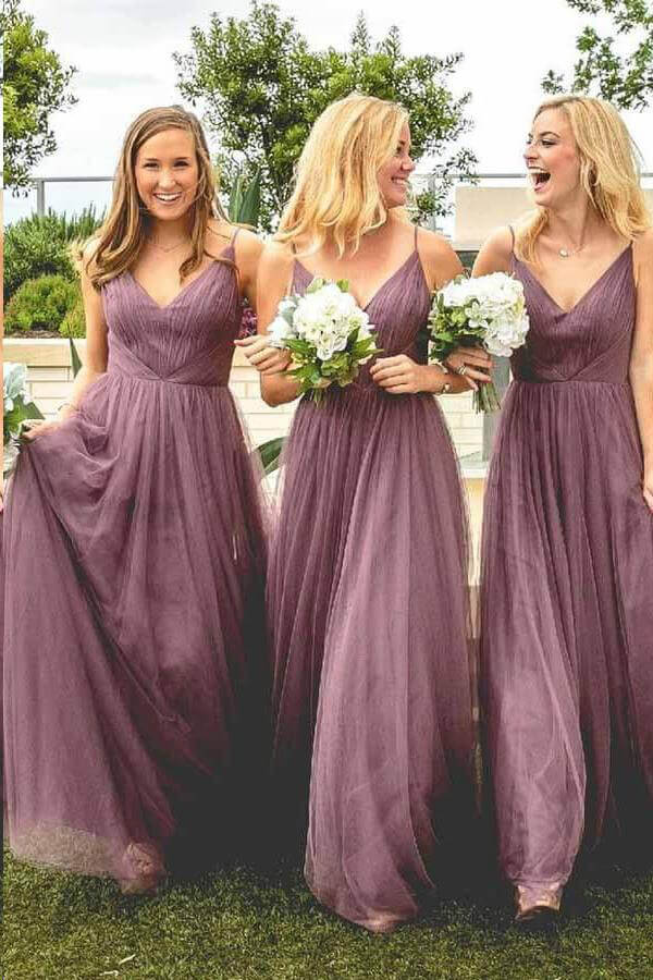 Dusty Purple Tulle Spaghetti Straps A line V neck Bridesmaid Dresses MBD153