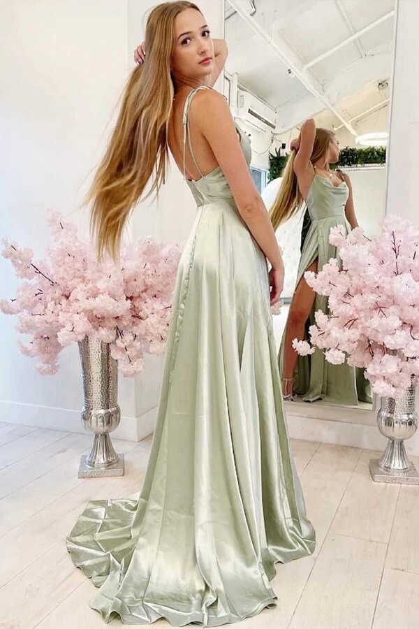 Dusty Sage A-line Cowl Neck Simple Prom Dresses With Slit, Party Dress, MP783 | evening dresses | green prom dresses | long formal dress | musebridals.com